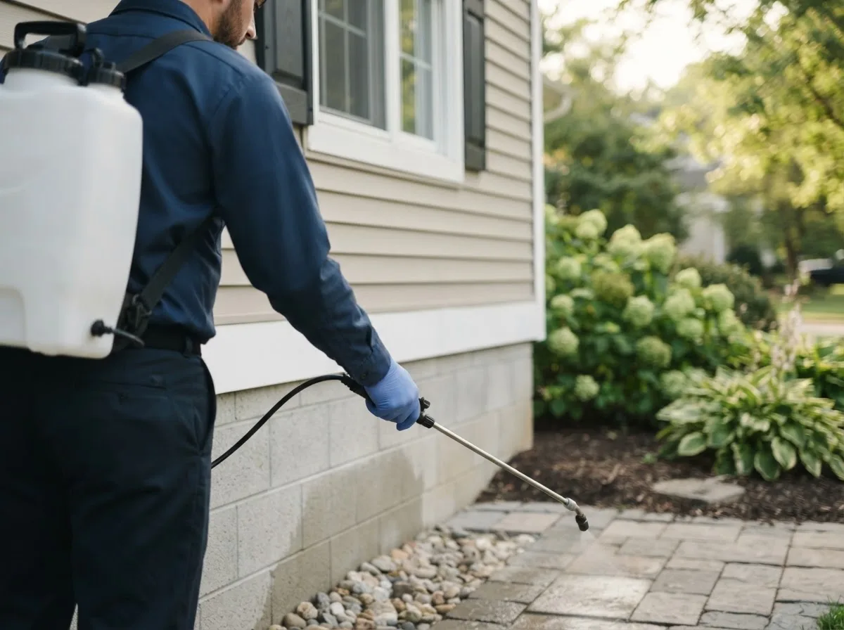 Pest control technician inspecting a home in Dry Creek, WV